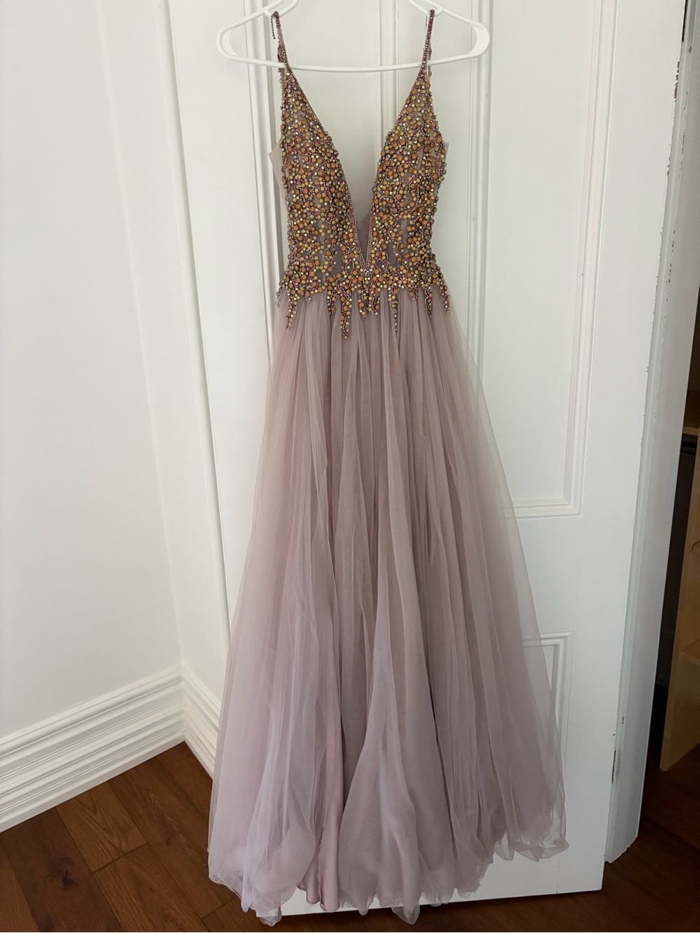 Angela & Alison Beaded Mauve Prom Gown with Tulle Skirt